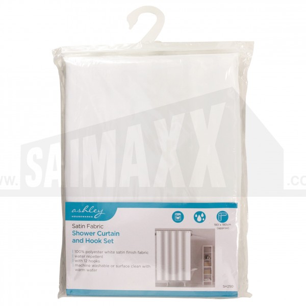 Ashley Satin Fabric Shower Curtain and Hook Set 1.8 x 1.8m White