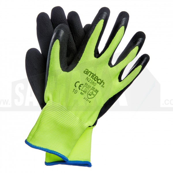 Amtech Hi-Vis Latex Coated Gloves EXTRA LARGE Size 10 (Black & Yellow)