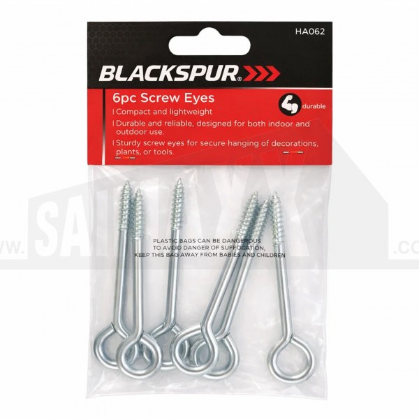 Blackspur 6pc 78mm Screw Eyes - Silver Zinc Finish