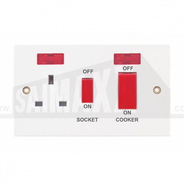 SQUARE EDGE 45 Amp Cooker Switch + 13Amp Switched Socket with Neons