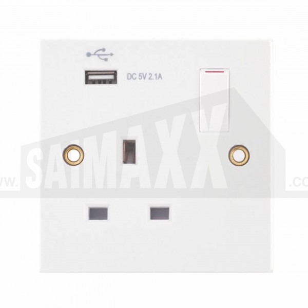 LGA SQUARE EDGE 1 gang Switched SINGLE Socket w/USB Port White Plastic