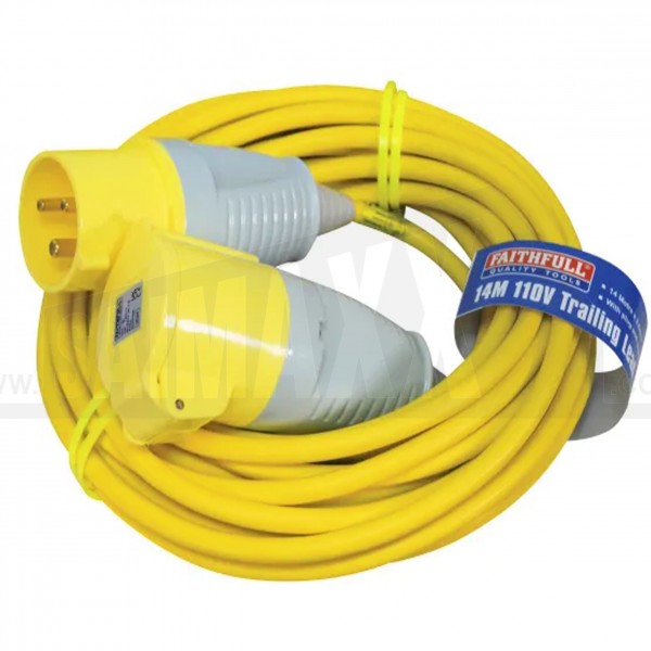 Yellow 110v Trailing Extension Lead 32amp 14m (2.5mm Cable) << BIG PLUG >>