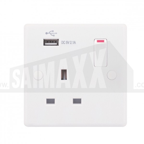 LGA SMOOTH EDGE 1 gang Switched SINGLE Socket w/ 2.1A USB Port White Plastic