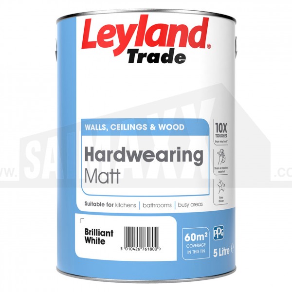Leyland Hardwearing Matt Emulsion Paint Pure Brilliant White 5 Litre