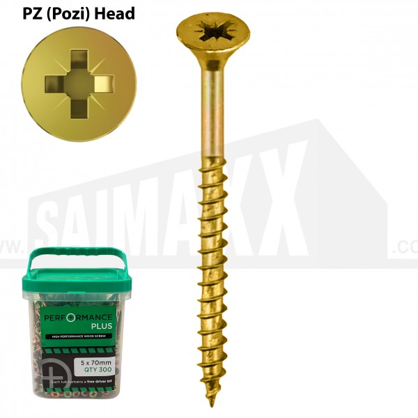 Performance Plus Gold Finish Woodscrews 5.00 x 70mm 300pc BUCKET