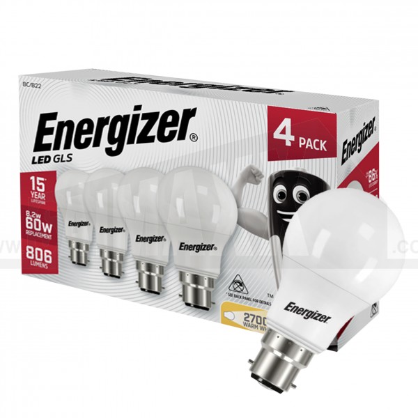 Energizer LED GLS Bulb BC/B22 (Large Bayonet) WARM WHITE 8.5w(60w) 4pk