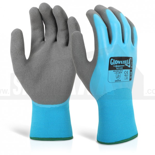 Glovezilla Blue Waterproof Latex Gripper Gloves Pair XL/10 EXTRA LARGE