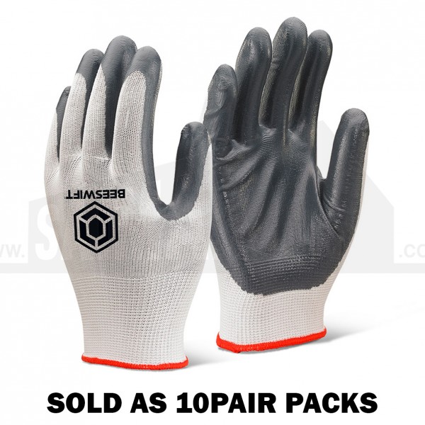 Beeswift Nitrile Part Dipped Polyester Gloves XL/10 EXTRA LARGE - 10 Pair Pack