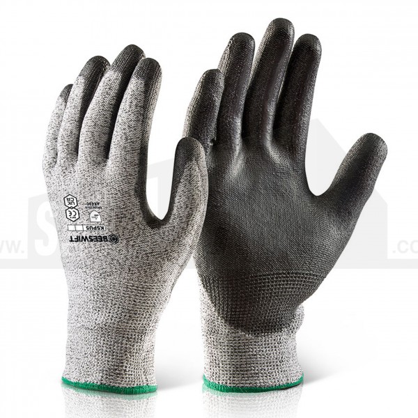 Beeswift PU Coated CUT LEVEL C Gloves Grey Pair L/9 LARGE