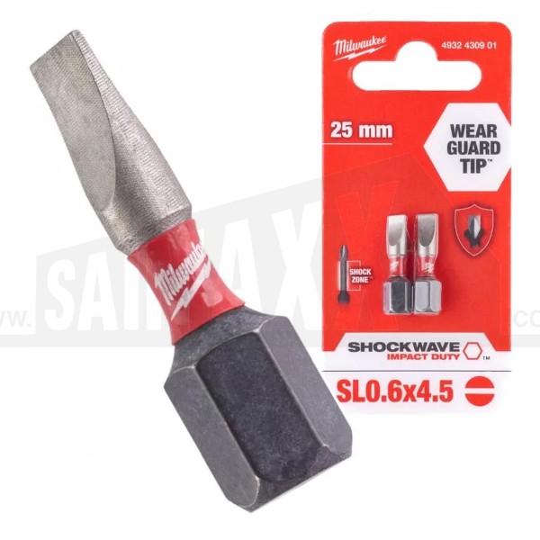 Milwaukee Shockwave Impact Duty Screwdriver Bits SL0.6x4.5 25mm 2pc