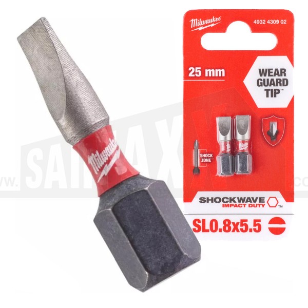 Milwaukee Shockwave Impact Duty Screwdriver Bits SL0.8x5.5 25mm 2pc