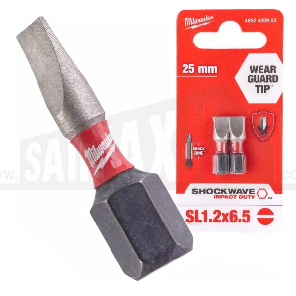 Milwaukee Shockwave Impact Duty Screwdriver Bits SL1.2x6.5 25mm 2pc