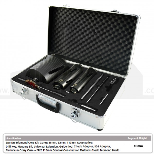 Abracs 3pc Dry Diamond Core Bit Set Case (38/52/117mm) + 6 Accessories