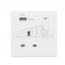 LGA SMOOTH EDGE 1 gang Switched SINGLE Socket w/ 2.1A USB Port White Plastic
