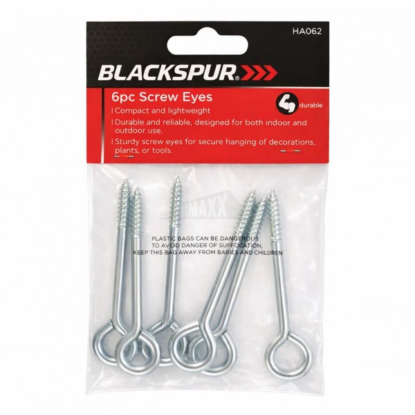 Blackspur 6pc 78mm Screw Eyes - Silver Zinc Finish
