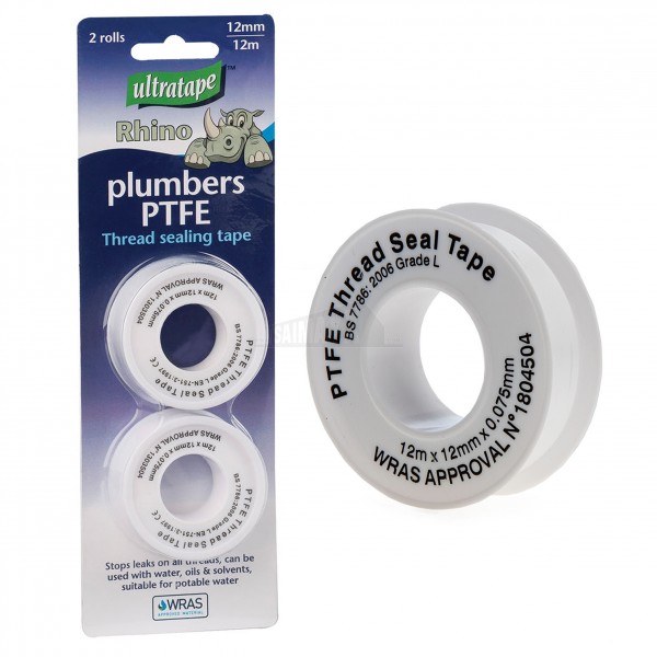 Rhino Plumbers PTFE Tape Roll 12m x12mm 2pc CARDED