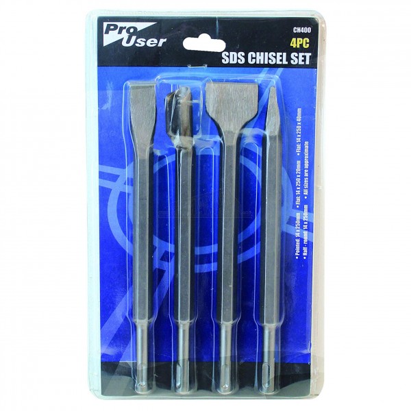 Pro User 4pc SDS Plus Chisel Set (1x Pointed, 2x Flat & 1x Half Round)