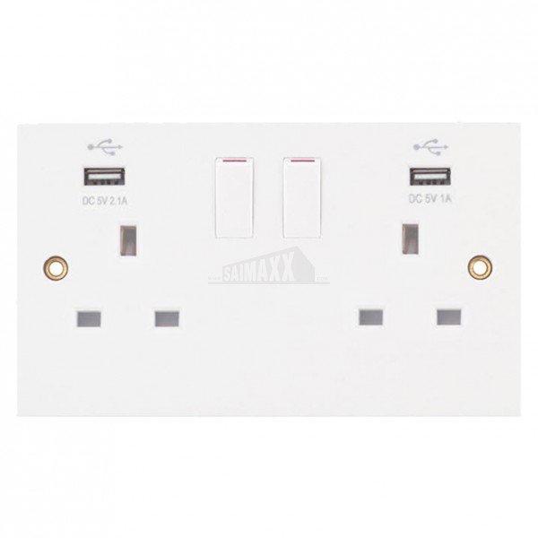 LGA SQUARE EDGE 2 gang Switched SINGLE Socket w/USB Port White Plastic