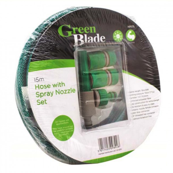 Green Blade Green Garden Hose Pipe (1/2" 3Ply) 15 Metre with Spray Nozzle Set