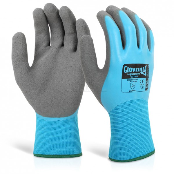 Glovezilla Blue Waterproof Latex Gripper Gloves Pair L/9 LARGE